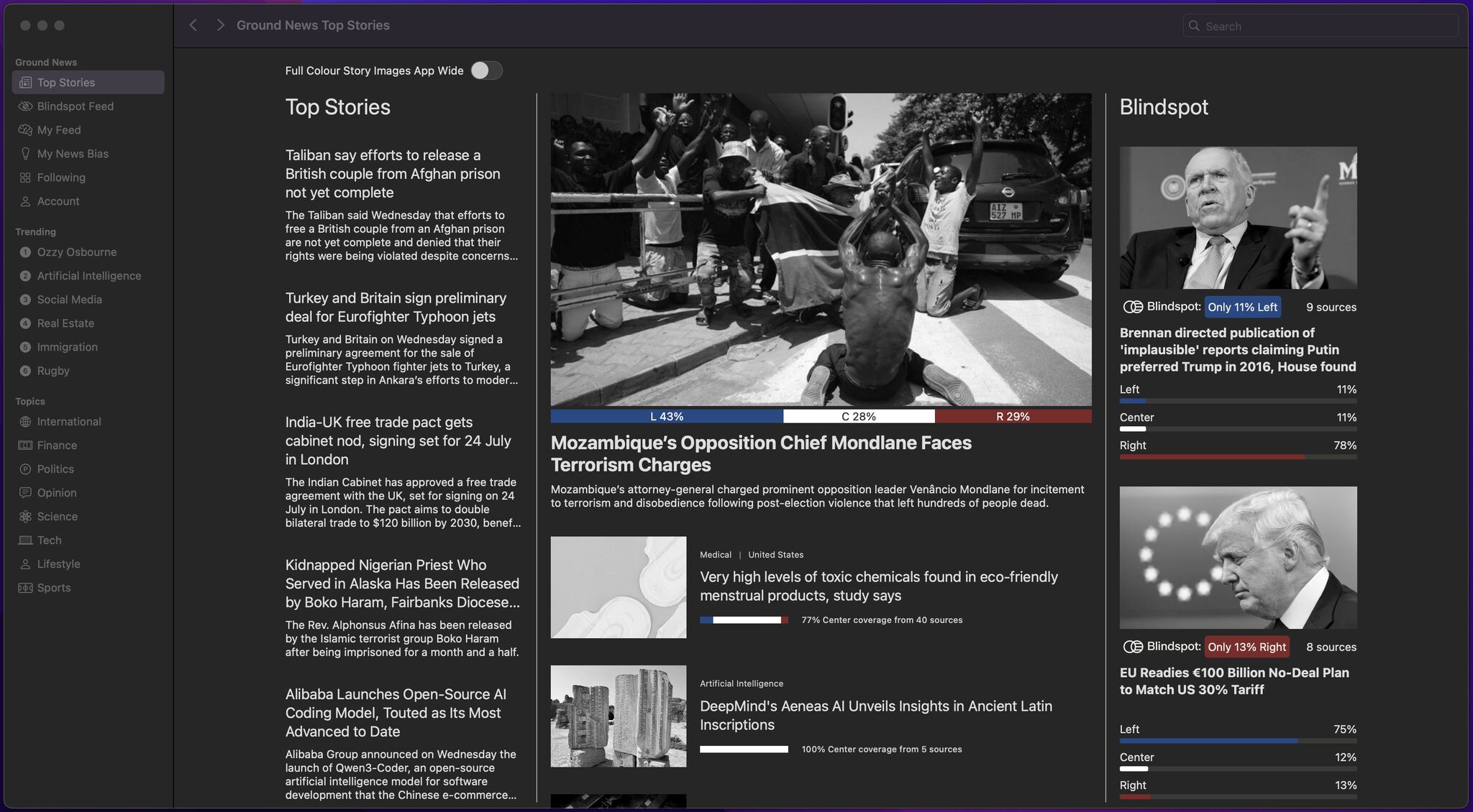 Screenshot of the Ground News desktop app interface on macOS. The dashboard displays top news stories in the centre, with political bias bars underneath (blue for left, grey for centre, red for right). The right-hand panel features “Blindspot” stories, highlighting news underrepresented by certain political leanings. The left-hand sidebar includes navigation options like My Feed, My News Bias, and topic filters such as Artificial Intelligence and Immigration.